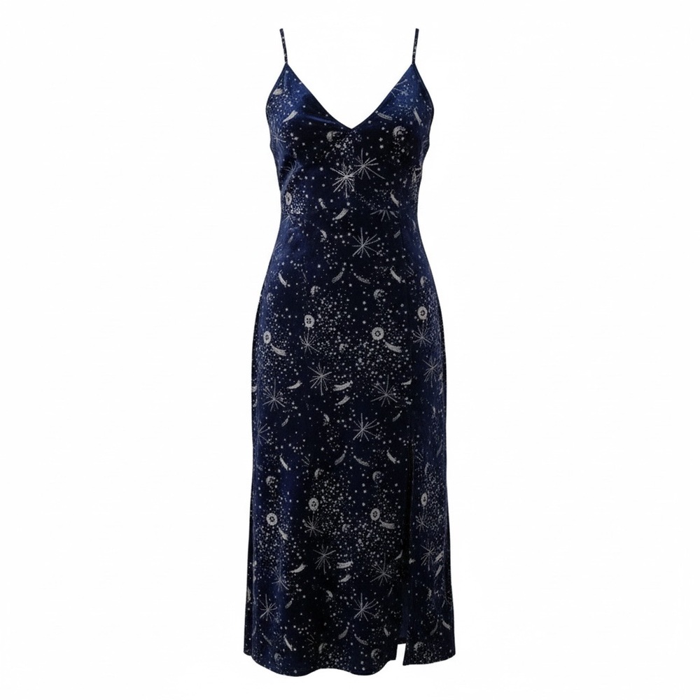 Urban Outfitters Navy Velvet Slip Midi Dress with Silver Celestial Print